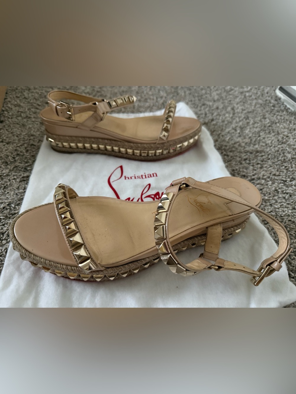 Christian Louboutin Nude Patent Leather Studded Espadrille Sandals 38 - Picture 7 of 10
